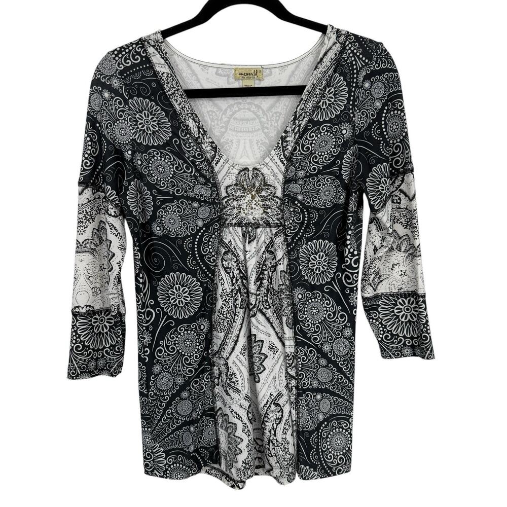 One World Tunic Smal Sequined Black Floral 3/4 Sleeve Scoopneck Stretch - Picture 2 of 7